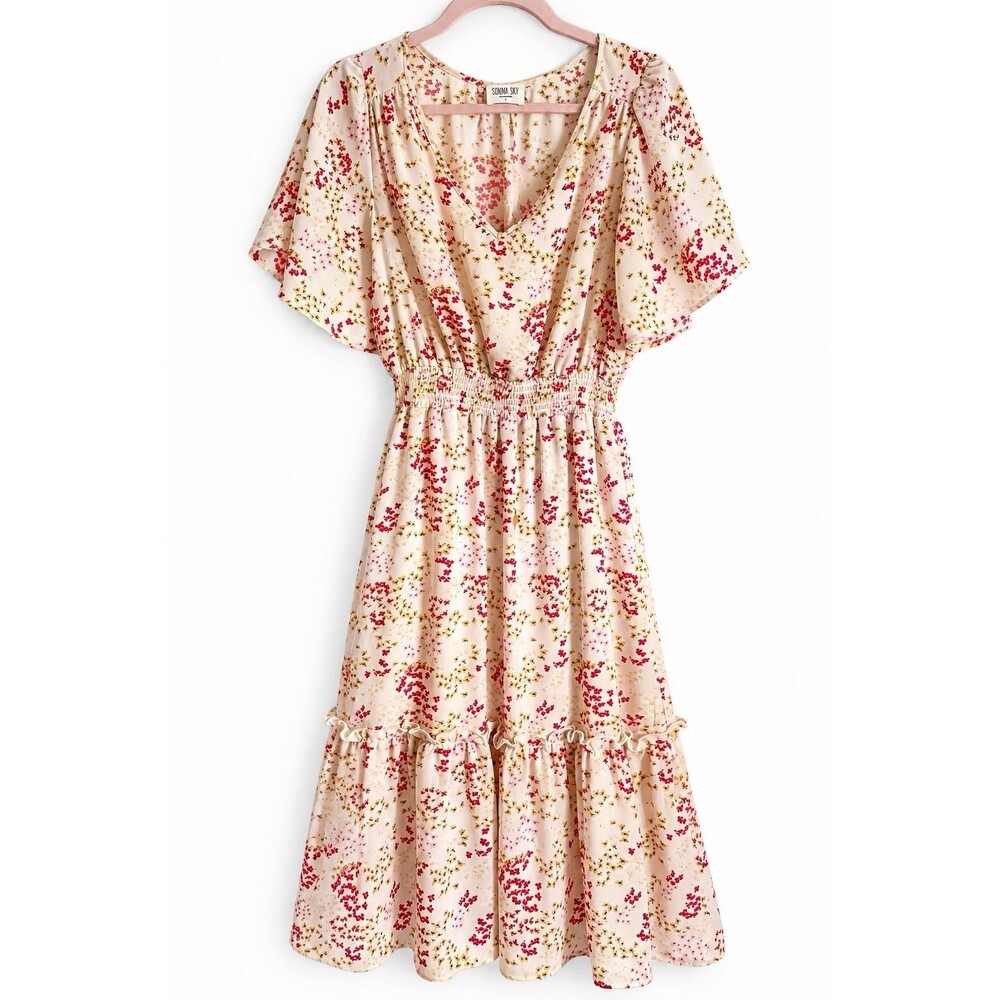 Sienna Sky Floral Flutter Sleeve Midi Dress Size L Cottagecore